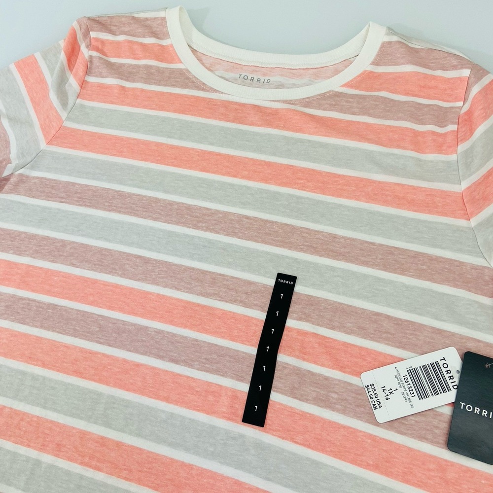 Torrid Women's Size 1 Coral Grey Pink‎ Stripe Short Sleeve Crew Neck Tee New